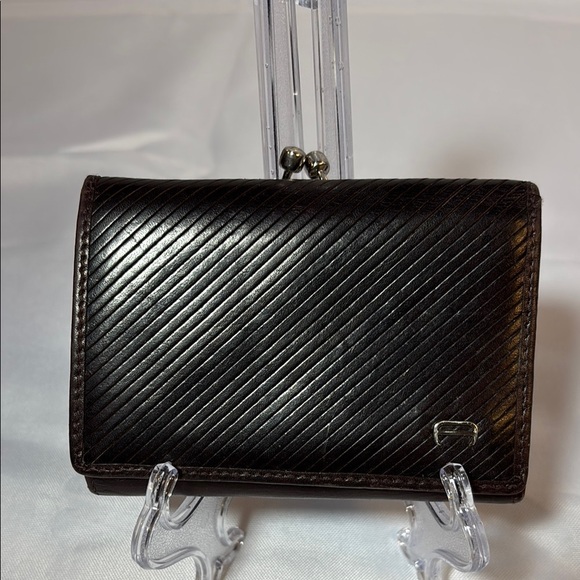 Etienne Aigner Dk Brown Diagonal Leather Pattern Wallet Coin Compartment - Picture 1 of 11